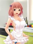  1girl apron armpits bangs blue_panties blurry blurry_background bottle bow breasts brown_eyes cabbage cameltoe cleavage collarbone covered_nipples cowboy_shot eggplant eyebrows_visible_through_hair frilled_apron frills hair_bow hataraku_maou-sama! indoors kitchen large_breasts looking_at_viewer nearly_naked_apron no_bra nonaka_ritsu open_mouth panties purple_bow sasaki_chiho short_hair sidelocks smile solo standing stove tomato tongue underwear white_apron wine_bottle 