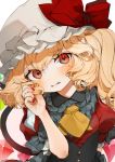  1girl arm_behind_back ascot bangs blonde_hair blush bow commentary_request crystal eyebrows_visible_through_hair fang flandre_scarlet frilled_shirt_collar frills gotoh510 hair_between_eyes hand_up hat hat_bow head_tilt highres holding holding_hair long_hair looking_at_viewer mob_cap nail_polish one_side_up parted_lips pink_background puffy_short_sleeves puffy_sleeves red_bow red_eyes red_nails red_shirt shirt short_sleeves solo touhou two-tone_background upper_body white_background white_headwear wings yellow_neckwear 