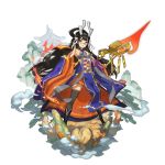  1girl :o black_hair blue-framed_eyewear chinese_clothes detached_sleeves dragalia_lost full_body glasses holding holding_spear holding_weapon long_hair long_sleeves non-web_source official_art open_hand polearm saitou_naoki spear transparent_background very_long_hair weapon wide_sleeves xuan_zang_(dragalia_lost) 