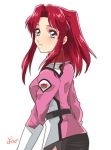  1girl absurdres flay_allster grey_eyes gundam gundam_seed highres lips long_hair parted_lips red_hair shiina_yousei sidelocks solo uniform upper_body white_background 