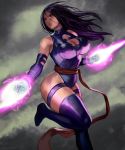  1girl breasts cleavage commentary elbow_gloves gloves highleg highleg_leotard large_breasts leotard long_hair psylocke purple_hair rejean_dubois solo standing thigh_strap thighhighs twitter_username x-men 