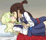  2girls a50926123 absurdres bed blue_eyes blue_sash brown_hair collared_shirt couple crying diana_cavendish eye_contact highres holding_hands interlocked_fingers kagari_atsuko kiss little_witch_academia long_hair looking_at_another luna_nova_school_uniform lying multiple_girls neck_ribbon red_eyes red_sash ribbon saliva saliva_trail sash school_uniform shirt simple_background skirt smile tears thighs tongue two-tone_background uniform vest wavy_hair white_shirt yuri 