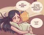  2girls bangdacy barbara_parker bed black_hair blonde_hair blush cuddling english_text hug jewelry little_witch_academia long_hair lotte_jansson multiple_girls open_mouth ring short_hair wedding_band wife_and_wife yuri 