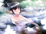  1girl bangs black_hair blush breasts commentary_request eyebrows_visible_through_hair gym_leader highres large_breasts long_hair natsume_(pokemon) nude onsen pokemon pokemon_special red_eyes sitting smile solo steam tied_hair tsurime water yensh 