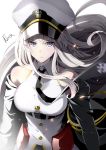  1girl azur_lane bangs bare_shoulders black_jacket black_neckwear breasts closed_mouth collared_shirt commentary_request dress_shirt enterprise_(azur_lane) eyebrows_visible_through_hair hair_between_eyes hat highres hoshizaki_reita jacket large_breasts long_hair military_hat necktie off_shoulder open_clothes open_jacket peaked_cap purple_eyes shirt signature silver_hair simple_background sleeveless sleeveless_shirt solo v-shaped_eyebrows very_long_hair white_background white_headwear white_shirt 