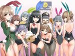  6+girls animal_ears arare_(kantai_collection) arms_up asagumo_(kantai_collection) asashio_(kantai_collection) ass back backless_outfit bare_shoulders black_hair bow bowtie braid breasts brown_hair bunny_ears bunny_girl bunny_tail bunnysuit cloud_hair_ornament detached_collar double_bun fake_animal_ears food frills green_eyes green_hairband grey_eyes hair_ornament hairband highleg highleg_leotard highres holding kantai_collection kasumi_(kantai_collection) kuronaga large_breasts leotard light_brown_hair long_hair low_twin_braids michishio_(kantai_collection) minegumo_(kantai_collection) multiple_girls ooshio_(kantai_collection) purple_eyes purple_hair side-tie_leotard side_ponytail sidelocks silver_hair small_breasts standing strapless strapless_leotard sweatdrop tail thighhighs twintails wrist_cuffs yamagumo_(kantai_collection) 