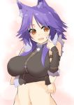  1girl aki_makoto animal_ear_fluff animal_ears arm_up bangs bare_shoulders black_shirt blush breast_hold breasts brown_eyes eyebrows_visible_through_hair fang hand_up large_breasts long_hair navel open_mouth parted_bangs princess_connect! princess_connect!_re:dive purple_hair sasakura shirt sleeveless sleeveless_shirt solo upper_body wolf_ears 