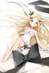  1girl abigail_williams_(fate/grand_order) absurdres bandaid_on_forehead bangs bare_arms bare_shoulders barefoot bed_sheet black_bow black_ribbon blonde_hair blue_eyes blush bow breasts closed_mouth collarbone covered_navel crossed_bandaids dress dutch_angle fate/grand_order fate_(series) forehead from_above hair_bow hair_ribbon hair_spread_out highres knees_up legs long_hair looking_at_viewer lying on_back parted_bangs polka_dot polka_dot_bow ribbon silver_(chenwen) sleeveless sleeveless_dress small_breasts solo strap_slip thigh_ribbon thighs very_long_hair white_bow white_dress white_ribbon 