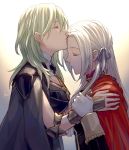  2girls akke arm_guards artist_name backlighting byleth_(fire_emblem) byleth_(fire_emblem)_(female) cape closed_eyes edelgard_von_hresvelg fire_emblem fire_emblem:_three_houses forehead_kiss garreg_mach_monastery_uniform gloves green_hair hair_ribbon kiss long_hair medium_hair multiple_girls ribbon silver_hair upper_body white_gloves yuri 