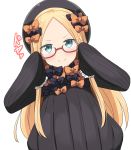  1girl abigail_williams_(fate/grand_order) aikawa_ryou bangs bespectacled black_bow black_headwear blonde_hair blue_eyes blush bow commentary_request doyagao dress fate/grand_order fate_(series) glasses hair_bow hat highres long_hair long_sleeves looking_at_viewer multiple_bows multiple_hair_bows orange_bow parted_bangs polka_dot polka_dot_bow sleeves_past_fingers sleeves_past_wrists smug solo 