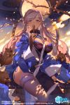  1girl alternate_costume azur_lane belfast_(azur_lane) belfast_(iridescent_rose)_(azur_lane) blue_eyes blue_panties blush braid breasts chain china_dress chinese_clothes collar dress earrings eyebrows_visible_through_hair fan folding_fan highres holding holding_fan jewelry large_breasts logo long_hair looking_at_viewer official_art orange_sekaii panties side-tie_panties silver_hair sitting smile solo thighhighs underwear watermark white_legwear 