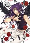  1boy access_time belt black_feathers black_wings flower forehead_jewel highres kamikaze_kaitou_jeanne long_hair looking_at_viewer male_focus open_mouth pants petals pointy_ears ponytail purple_eyes purple_hair rose simple_background solo tcb teeth white_pants wings wristband 