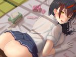  1girl all_fours arched_back ass azur_lane bangs black_hair black_legwear blue_skirt breast_press breasts collared_shirt come_hither condom condom_box condom_wrapper day eyebrows_visible_through_hair eyes_visible_through_hair from_above from_behind futon gloves hair_between_eyes hair_ornament heavy_breathing highres horns implied_sex indoors large_breasts long_hair looking_at_viewer looking_back naughty_face no_panties open_mouth pantyhose pantyhose_pull pleated_skirt raised_eyebrows shadow shiny shiny_skin shirt sidelocks skirt sleeves_rolled_up smile solo sunlight suzuya_(azur_lane) sweat tatami tissue_box tongue used_condom used_tissue white_gloves white_shirt yasuda_hakaru yellow_eyes 