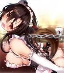  1girl alternate_costume animal_ears apron ass bangs bare_shoulders bent_over black_dress blush breasts brown_hair chain commentary_request crying crying_with_eyes_open dress efe elbow_gloves enmaided eyebrows_visible_through_hair gloves hair_between_eyes head_tilt imaizumi_kagerou indoors large_breasts leash long_hair looking_at_viewer maid maid_apron maid_headdress open_mouth red_eyes solo tail tears touhou unaligned_breasts waist_apron white_apron white_gloves wolf_ears wolf_tail 