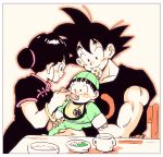  1girl 2boys baby bangs black_dress black_eyes black_hair black_shirt blunt_bangs blush blush_stickers border bowl bracelet broccoli carrying chair chi-chi_(dragon_ball) china_dress chinese_clothes commentary_request cup dragon_ball dragon_ball_(object) dress family father_and_son feeding fingernails food hair_bun happy hat holding holding_spoon husband_and_wife jewelry looking_at_another looking_down monkey_tail mother_and_son multiple_boys outline pine_(pi_ne_t) plate profile rice shiny shiny_hair shirt short_sleeves simple_background sitting smile son_gohan son_gokuu spiked_hair spoon spoon_in_mouth table tail tied_hair upper_body white_background white_border wide-eyed younger 