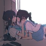  2girls bangs blush face-to-face hibike!_euphonium kasaki_nozomi liz_to_aoi_tori long_hair looking_at_another multiple_girls ponytail ree_(re-19) sweat yoroizuka_mizore yuri 