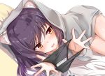  1girl animal_ear_fluff animal_ears aono_(f_i_s) bangs bed_sheet black_panties bow bow_panties brown_eyes eyebrows_visible_through_hair grey_jacket hair_between_eyes holding holding_panties hood hood_up hooded_jacket jacket kashiwazaki_shiori long_hair long_sleeves looking_at_viewer lying on_side panties panties_removed parted_lips pillow presenting_panties princess_connect! princess_connect!_re:dive purple_eyes simple_background smile solo underwear white_background 