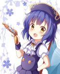  1girl absurdres antique_firearm ascot bangs blue_hair blue_headwear blue_vest brown_eyes eyebrows_visible_through_hair firearm firelock flintlock floral_background gochuumon_wa_usagi_desu_ka? gun hand_on_hip hat highres holding holding_gun holding_weapon jouga_maya puffy_short_sleeves puffy_sleeves shirt short_sleeves solo stick_jitb upper_body vest weapon white_background white_neckwear white_shirt wrist_cuffs 