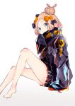  1girl abigail_williams_(fate/grand_order) bangs barefoot black_bow black_jacket blue_eyes bow brown_hair closed_mouth commentary_request crossed_bandaids fate/grand_order fate_(series) gradient gradient_background grey_background hair_bow hair_bun hand_up heroic_spirit_traveling_outfit highres jacket knee_up long_hair long_sleeves looking_at_viewer maimuro multiple_hair_bows orange_bow parted_bangs polka_dot polka_dot_bow sitting sleeves_past_fingers sleeves_past_wrists smile solo white_background 