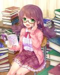  1girl book book_stack bow brown-framed_eyewear brown_hair chair curtains fang frills glasses green_eyes hair_tie hand_on_own_cheek indoors jacket long_hair looking_at_viewer manga_(object) official_art open_book otosume_ruiko pink_jacket plaid plaid_skirt red_bow school_chair semi-rimless_eyewear sitting skin_fang skirt solo table wooden_floor 