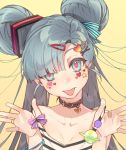  1girl :p asymmetrical_bangs bandaid bandaid_on_hand bangs bare_shoulders beige_background blue_eyes blue_hair blue_ribbon breasts cleavage close-up collar collarbone commentary double_bun expressionless eyelashes face facepaint hair_bun hair_ornament hair_over_one_eye hair_ribbon hairclip hands_up hatsune_miku head_tilt heart heart_hair_ornament horizontal_stripes jewelry long_hair looking_at_viewer multicolored multicolored_eyes palms pig_ggul pink_eyes pink_pupils planet purple_ribbon ribbon ring saturn shiny shiny_hair shirt simple_background sleeveless sleeveless_shirt small_breasts solo star straight_hair striped striped_shirt tank_top tank_top_tug tongue tongue_out upper_body vocaloid x_hair_ornament 