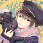  1girl bangs black_cat black_headwear blush bow brown_eyes brown_hair cat eyebrows_visible_through_hair fingernails hat_feather head_tilt highres huacai long_sleeves looking_at_viewer one_eye_closed original parted_lips pink_bow pink_lips pink_scarf plume portrait scarf sleeves_past_wrists sun_(symbol) sun_print sweater 