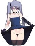  1girl ass_visible_through_thighs bangs bare_shoulders black_choker black_dress black_gloves black_legwear black_panties breasts choker closed_mouth collarbone cowboy_shot doll_joints dress dress_lift elbow_gloves flashing frilled_dress frills gloves granblue_fantasy groin hair_between_eyes highres lavender_hair legs_together lifted_by_self long_hair looking_at_viewer medium_breasts minma navel orchis panties purple_eyes sidelocks simple_background skindentation solo standing stomach string_panties thighhighs twintails underwear very_long_hair white_background 