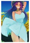  1girl a-maru_(aaa_circle0110) blue_dress blurry breasts casual cleavage collarbone commentary_request dress grin hat highres jun&#039;you_(kantai_collection) kantai_collection large_breasts long_hair looking_at_viewer purple_eyes purple_hair sleeveless sleeveless_dress smile solo spaghetti_strap spiked_hair straw_hat sundress thighs wind 