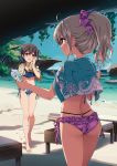  2girls absurdres ahoge ass ass_visible_through_thighs back barefoot beach bikini black_hair blue_bikini blush bottle breasts brown_eyes chair cliff drink fate/kaleid_liner_prisma_illya fate_(series) frilled_bikini frills grey_hair hair_ornament hairclip highres hiroyama_hiroshi holding holding_bottle illyasviel_von_einzbern legs_together long_hair long_legs looking_at_another looking_at_viewer lounge_chair miyu_edelfelt multiple_girls nature o-ring o-ring_bottom ocean official_art open_mouth outdoors ponytail purple_bikini red_eyes resized scrunchie shade shore side-tie_bikini sideways_mouth small_breasts smile standing sunlight swimsuit towel towel_around_neck upscaled waifu2x water_bottle wet white_hair wiping_face 