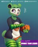  2019 absurd_res anthro clothed clothing digital_media_(artwork) epic_games fortnite fur gatogenerico green_body green_fur halfbody halloween hi_res holidays invalid_tag legwear looking_at_viewer mammal mask panties shirt simple_background smile socks solo spooky_team_leader tongue tongue_out topwear underwear ursid video_games 