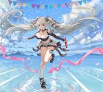  1girl absurdly_long_hair adapted_costume azur_lane bare_shoulders between_breasts breasts cleavage cloud cloudy_sky confetti crop_top finish_line flight_deck formidable_(azur_lane) frills hair_ribbon hakueil kneehighs long_hair midriff miniskirt navel ocean pennant red_eyes relay_baton ribbon ripples silver_hair skirt sky smile solo string_of_flags thighs twintails two-tone_ribbon very_long_hair water white_legwear 