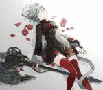  1girl animal_ears axe battle_axe black_dress blue_eyes cat_ears cat_tail dress facial_mark final_fantasy final_fantasy_xiv flower fur_trim holding holding_axe holding_weapon hug_ff14 lying miqo&#039;te on_back petals red_legwear short_hair silver_hair solo tail thighhighs warrior_(final_fantasy) weapon whisker_markings white_background 