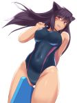  1girl adjusting_clothes adjusting_swimsuit animal_ears arm_behind_back ass_visible_through_thighs bangs between_legs black_swimsuit breasts brown_hair competition_swimsuit covered_navel dutch_angle eyebrows_visible_through_hair facial_mark highres kickboard long_hair looking_at_viewer mayomaru1 medium_breasts one-piece_swimsuit open_mouth original red_eyes simple_background smile solo standing swimsuit thighs white_background wind 
