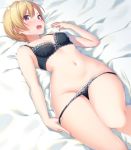  1girl bangs bed_sheet black_bra black_panties blonde_hair blush bow bow_bra bow_panties bra breasts collarbone fang groin hand_up idolmaster idolmaster_shiny_colors knee_up lace lace-trimmed_bra lace-trimmed_panties lingerie looking_at_viewer lying makatani navel on_back open_mouth panties panty_pull pulled_by_self purple_eyes saijou_juri short_hair small_breasts solo sweatdrop underwear underwear_only undressing wide_hips 