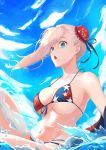 1girl :o asymmetrical_hair bangs bikini blue_eyes blue_sky breasts bun_cover cloud commentary_request day fate/grand_order fate_(series) fishofthelakes floral_print front-tie_bikini front-tie_top highres jacket large_breasts looking_at_viewer micro_bikini miyamoto_musashi_(fate/grand_order) miyamoto_musashi_(swimsuit_berserker)_(fate) navel open_mouth outdoors pink_hair revision side_bun sidelocks sky splashing star star_print striped striped_bikini swimsuit thighs underboob upper_teeth water 
