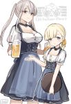  2girls alcohol alternate_costume apron beer blonde_hair blue_apron blue_eyes blush breasts cleavage closed_mouth cup dress german_clothes graf_zeppelin_(kantai_collection) grey_eyes hair_between_eyes hair_ornament highres holding holding_cup holding_tray iron_cross kantai_collection large_breasts long_dress long_hair multiple_girls oktoberfest shin&#039;you_(kantai_collection) short_sleeves sidelocks smile tray twintails yamashiki_(orca_buteo) 