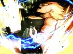  1boy aura blonde_hair blurry blurry_foreground chest clenched_hands commentary_request depth_of_field dragon_ball dragon_ball_z electricity frown gloves green_eyes leaning leaning_back majin_vegeta male_focus morinokinoko_db muscle open_mouth shaded_face spiked_hair super_saiyan sweat teeth twitter_username upper_body vegeta veins white_gloves 