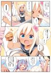  &gt;_&lt; 1boy 3girls admiral_(kantai_collection) ahoge apron biting blue_eyes blue_hair bracelet breasts commentary_request crop_top eating epaulettes fang feeding food hair_ribbon hat highres i-19_(kantai_collection) i-58_(kantai_collection) jewelry kantai_collection large_breasts long_hair military military_uniform multiple_girls naval_uniform peaked_cap pink_hair red_eyes ribbon ro-500_(kantai_collection) school_swimsuit school_uniform serafuku simple_background sparkle sparkling_eyes sweatdrop swimsuit translated tri_tails twintails uniform white_hair yume_no_owari 