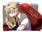  1boy artist_name bangs blonde_hair brown_eyes collarbone commentary_request dated eating fang fate/grand_order fate_(series) food glasses hair_between_eyes hamburger holding holding_food jekyll_and_hyde_(fate) shirt short_hair simple_background solo translation_request white_shirt zassou_(ukjpn) 