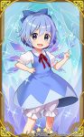  1girl :d bandaid bandaid_on_knee bangs bloomers blue_bow blue_dress blue_eyes blue_hair blush bow card_(medium) cirno collared_shirt commentary_request dress eyebrows_visible_through_hair fang hair_between_eyes hair_bow hand_on_hip ice ice_wings index_finger_raised jigatei_(omijin) neck_ribbon official_art open_mouth puffy_short_sleeves puffy_sleeves red_ribbon ribbon shirt short_hair short_sleeves sleeveless sleeveless_dress smile solo sparkle touhou touhou_cannonball underwear v-shaped_eyebrows watermark white_bloomers white_shirt wings 