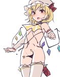  1girl :o ascot bare_shoulders blonde_hair blush breasts commentary cowboy_shot crystal eyebrows_visible_through_hair flandre_scarlet groin hat miyo_(ranthath) mob_cap navel o-ring red_eyes revealing_clothes short_hair simple_background sketch small_breasts solo stomach thighhighs torn_clothes touhou wardrobe_malfunction white_background white_legwear wings wrestling_outfit yellow_neckwear 