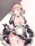  1girl alternate_costume apron ass_visible_through_thighs black_dress black_gloves braid breasts breasts_outside brown_eyes brown_hair collar commentary_request detached_collar djeeta_(granblue_fantasy) dress dress_lift enmaided frilled_apron frills garter_belt gloves granblue_fantasy heavy_breathing lifted_by_self looking_at_viewer maid maid_headdress medium_breasts milli_little nipples panties parted_lips puffy_short_sleeves puffy_sleeves short_hair short_sleeves side_braid single_braid solo thigh_gap thighhighs twitter_username underwear waist_apron white_apron white_collar white_legwear white_panties wing_collar 