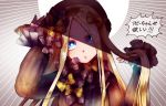  1girl abigail_williams_(fate/grand_order) bangs black_bow black_dress black_headwear black_neckwear blonde_hair blue_eyes bow commentary_request dress eyebrows_visible_through_hair eyes_visible_through_hair fate/grand_order fate_(series) hair_bow hat long_hair looking_at_viewer multiple_bows multiple_hair_bows orange_bow orange_neckwear parted_bangs shaded_face sleeves_past_wrists solo zassou_(ukjpn) 