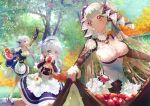  3girls apple apron autumn azur_lane bare_shoulders basket belchan_(azur_lane) belfast_(azur_lane) black_nails blue_eyes breasts calbee cleavage commentary day edinburgh_(azur_lane) food formidable_(azur_lane) frilled_skirt frills fruit fruit_tree gothic_lolita highres holding holding_basket large_breasts lifted_by_self lolita_fashion maid multiple_girls nail_polish outdoors petticoat picking_fruit purple_eyes red_apple silver_hair skirt skirt_hold skirt_lift standing standing_on_one_leg tree waist_apron 