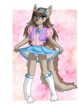  2019 3_toes accessory anthro bandi_(character) blue_eyes bottomwear bow brown_body brown_fur brown_hair brown_nose clothed clothing crossdressing eyelashes full-length_portrait fur girly hair hair_accessory hairband hi_res inner_ear_fluff lace legwear long_hair looking_at_viewer male markings panties portrait qwaychou ribbons skirt smile socks solo toes tuft underwear upskirt 