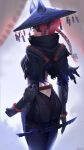  1girl absurdres animal_hat ass blurry blurry_background clenched_hand cloak from_behind gauntlets glowing glowing_eye half_mask hat high_collar highres lips long_hair looking_at_viewer mcdobo monster_hunter monster_hunter:_world odogaron_(master_rank_armor) petals ponytail red_hair solo standing torn_cloak torn_clothes weapon 