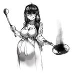  1girl apron bangs breasts burnt_food cleavage facial_scar failure frying_pan hair_over_shoulder hero_ramia highres ladle large_breasts long_hair looking_at_viewer monochrome nose_scar original pregnant scar solo sweatdrop the_golden_smurf toned 