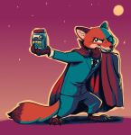  2019 ambiguous_gender anthro barefoot blueberry_(fruit) brown_ears canid canine cape cheek_tuft claws clothed clothing dipstick_tail disney english_text face_tuft fangs food fox fruit fuel_(artist) full_moon hi_res holding_object jar mammal moon multicolored_tail necktie nick_wilde outline plant red_fox sky smile solo standing star starry_sky suit text toe_claws tuft zootopia 