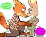  ... ? anthro barefoot bottomwear brooklyn_nine-nine canid canine claws clothed clothing dialogue disney duo english_text female fox fully_clothed fur gloves_(marking) green_eyes grey_body grey_fur judy_hopps kneeling lagomorph leporid looking_at_another male mammal markings mod_lemon nick_wilde orange_body orange_fur pants pregnant purple_eyes rabbit red_fox shirt simple_background speech_bubble standing text topwear white_background zootopia 