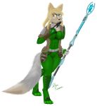  2019 5_fingers abs absurd_res anthro armor big_breasts blonde_hair bodysuit breasts canid canine clothed clothing crown digital_media_(artwork) female fingers fluffy fluffy_tail fox fur fuzzy grey_body grey_fur gun hair handgun hi_res holding_gun holding_object holding_weapon invalid_tag jacket lightning looking_at_viewer mammal melee_weapon multicolored_body multicolored_tail orange_eyes plug_suit ranged_weapon science_fiction shin_kerron skinsuit smile solo staff standing thick_thighs tiara tight_clothing toes topwear weapon 
